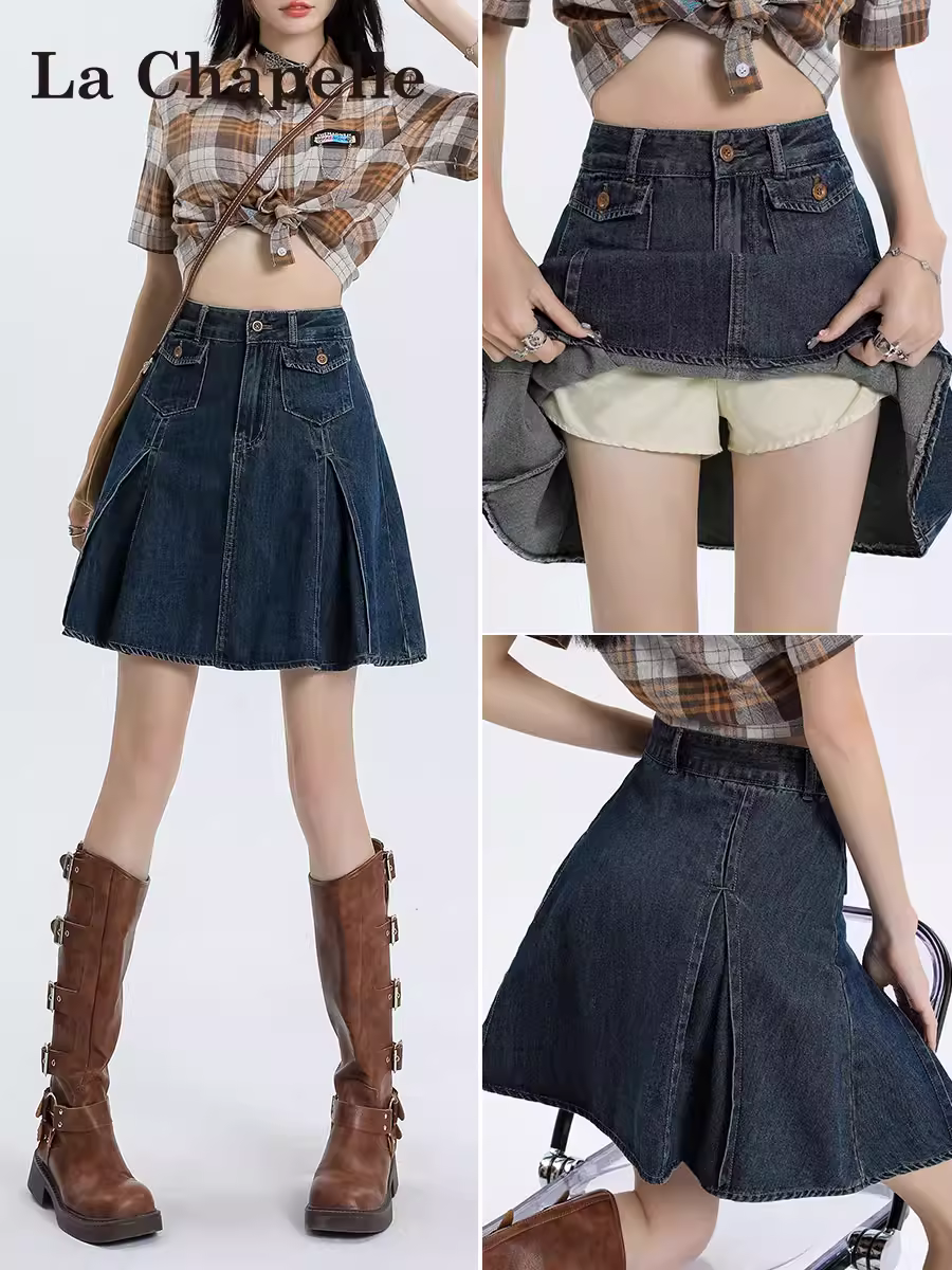 Chân váy denim xếp ly La Chapelle kiểu retro dành cho nữ, mẫu mới thu 2025, cạp cao, dáng ôm, ngắn, kiểu chữ A