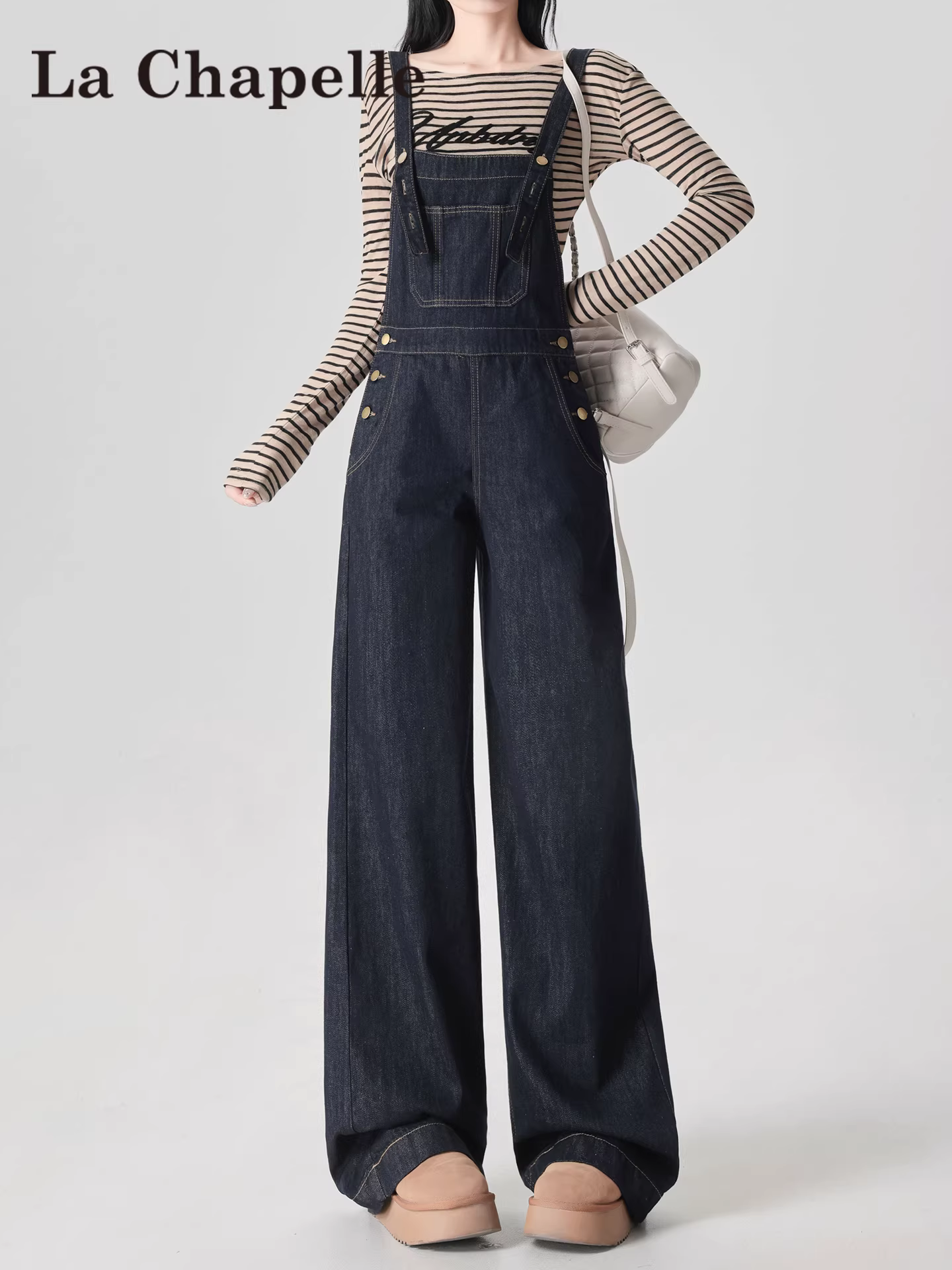 Quần yếm ống rộng kiểu Mỹ La Chapelle dành cho nữ, mẫu mới thu đông 2025, cạp cao, dáng rộng