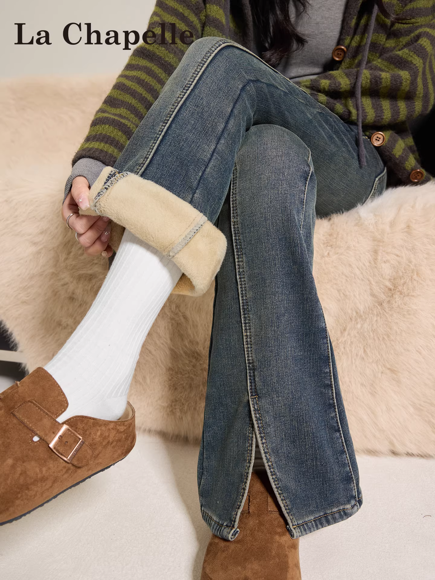 Quần jeans nữ La Chapelle kiểu Mỹ cổ điển, lót lông dày, dáng loe, mùa thu đông 2025, ôm dáng, ống chuông