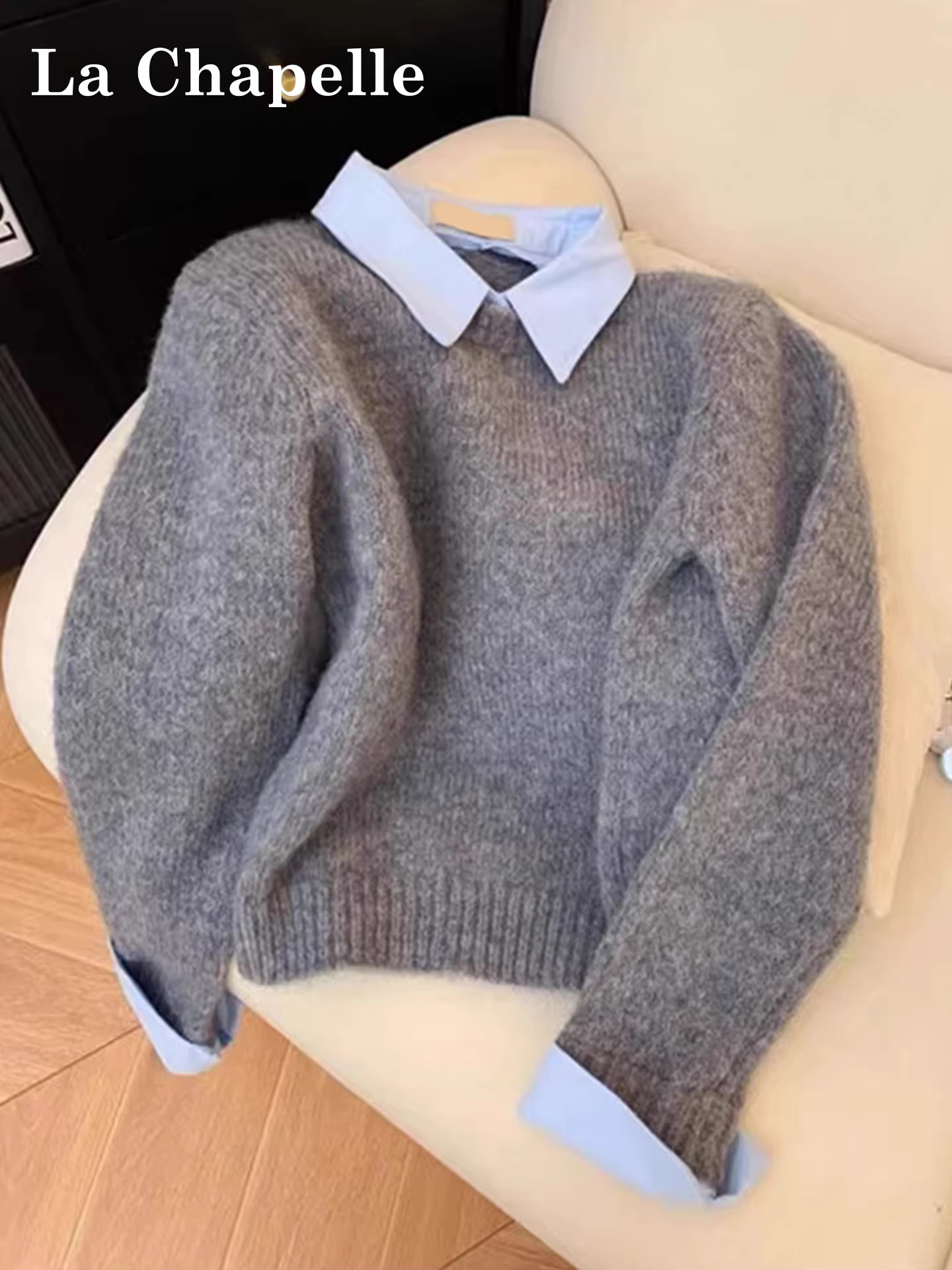 Áo len dệt kim cổ polo màu xám La Chapelle dành cho nữ 2025 mới mùa thu đông giả hai mảnh lớp trong