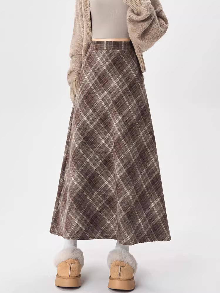 Váy len kẻ ca rô La Chapelle dành cho nữ, mùa thu đông 2025, kiểu dáng mới, cạp cao, tôn dáng, dáng chữ A, dài qua gối.