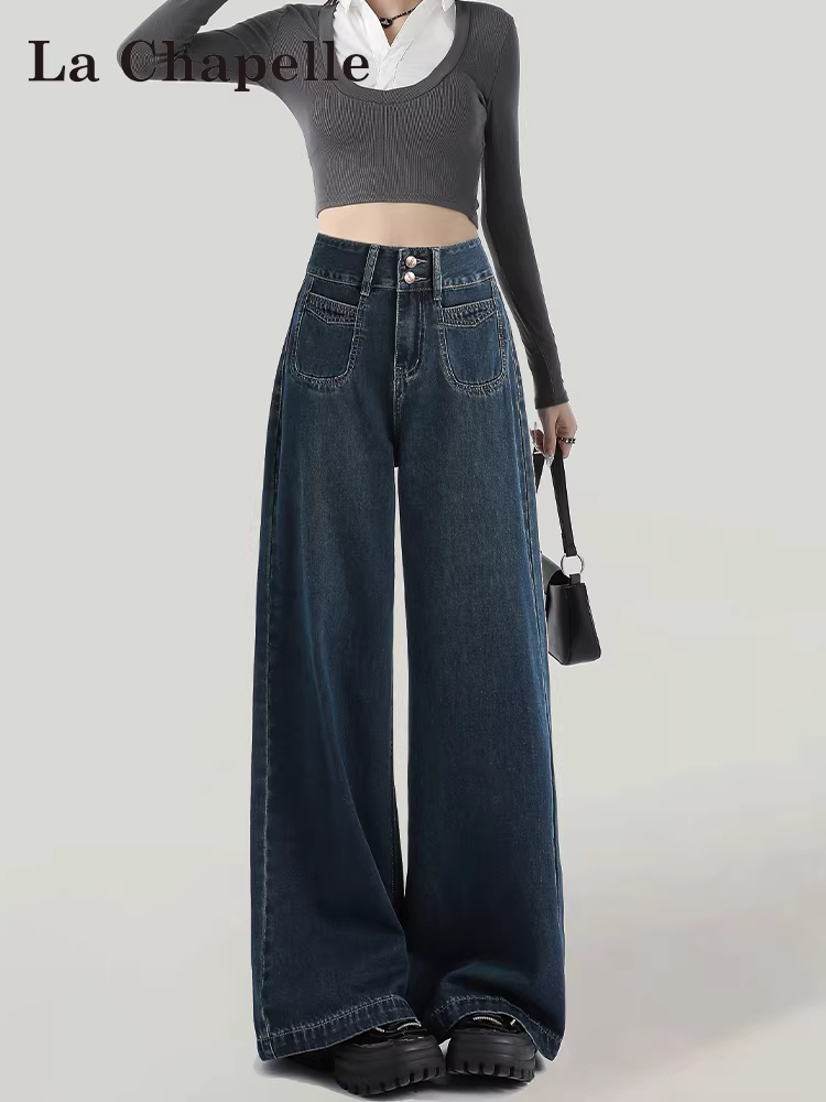 Quần jeans rộng ống màu xanh đậm La Chapelle dành cho nữ, quần ống đứng lưng cao mới mùa xuân thu 2025 dành cho phụ nữ nhỏ nhắn.