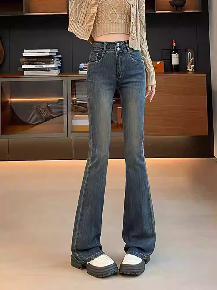 Quần jean La Chapelle lót lông cừu, không bó sát, kiểu dáng retro loe dành cho nữ, quần ống loe cạp cao mùa thu đông 2025 mới.