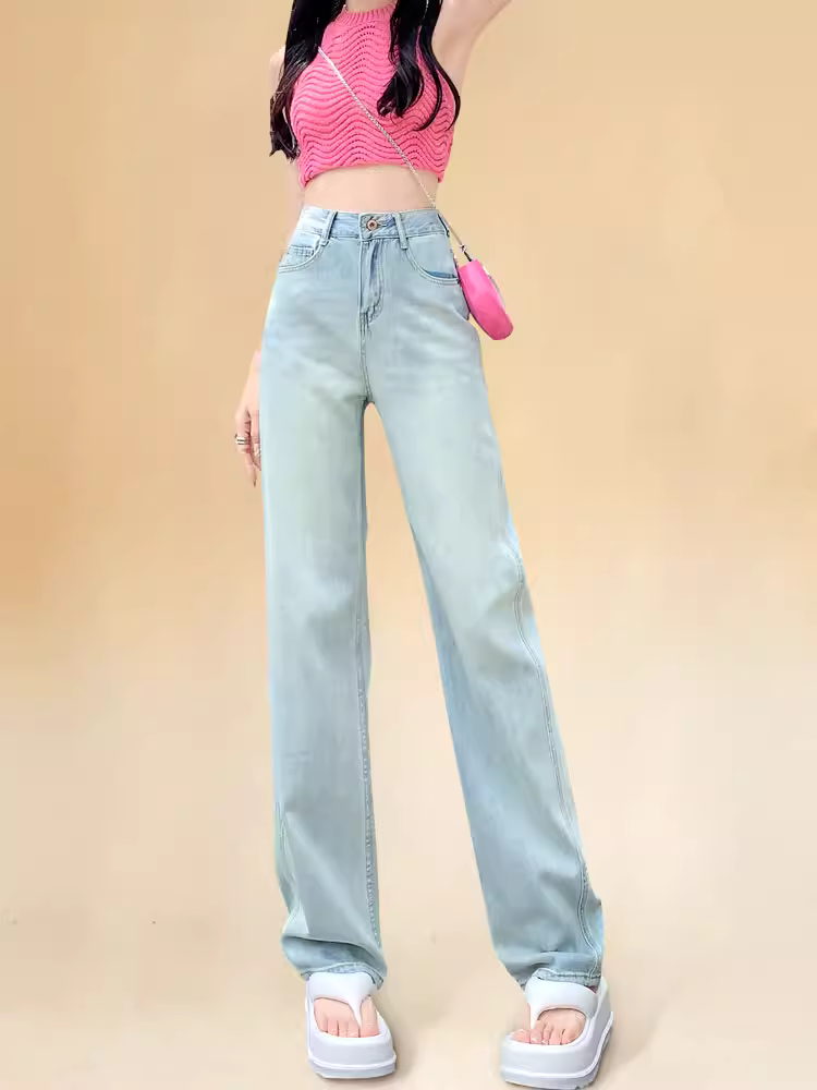 Quần jeans ống rộng màu sáng La Chapelle dành cho nữ, mẫu mới hè 2025, cạp cao, dáng thẳng, tôn dáng cho người nhỏ nhắn.