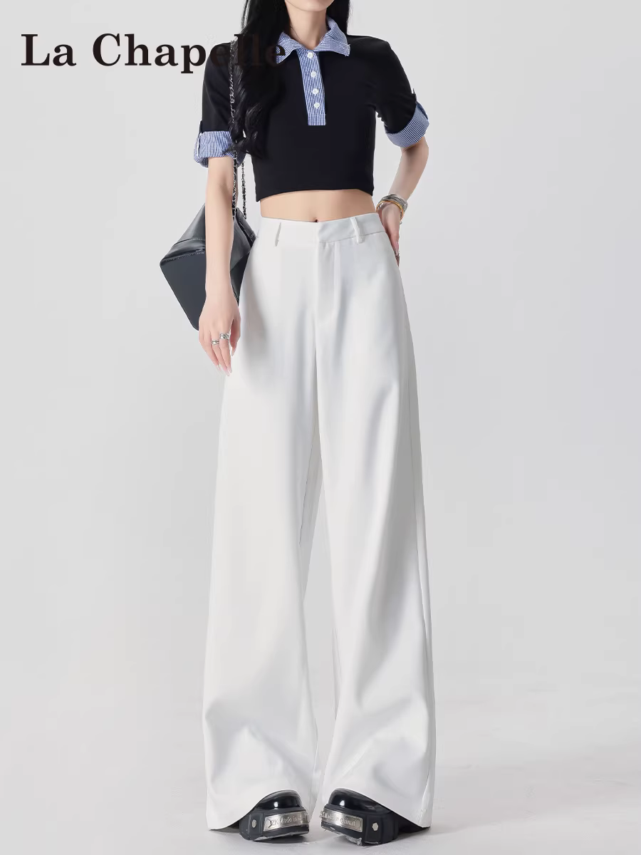 Quần âu trắng rộng rãi La Chapelle dành cho nữ, kiểu dáng mới mùa thu 2025, cạp cao, chất liệu mềm mại, dài chấm đất, dáng thẳng