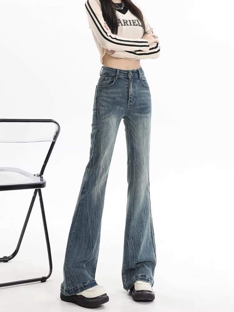 Quần jean La Chapelle dáng loe dành cho nữ, kiểu mới thu đông 2025, lót lông cừu, cạp cao cổ điển, không bó sát, kiểu ống loe.