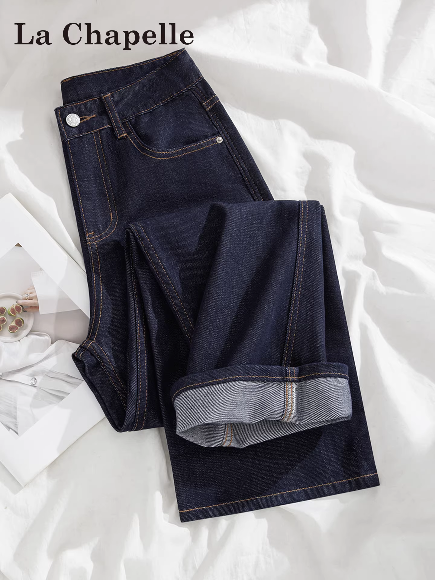 Quần jeans ống rộng màu xanh đậm lót lông cừu La Chapelle dành cho nữ, mùa thu đông 2025, kiểu dáng mới, cạp cao, ôm dáng, thẳng.