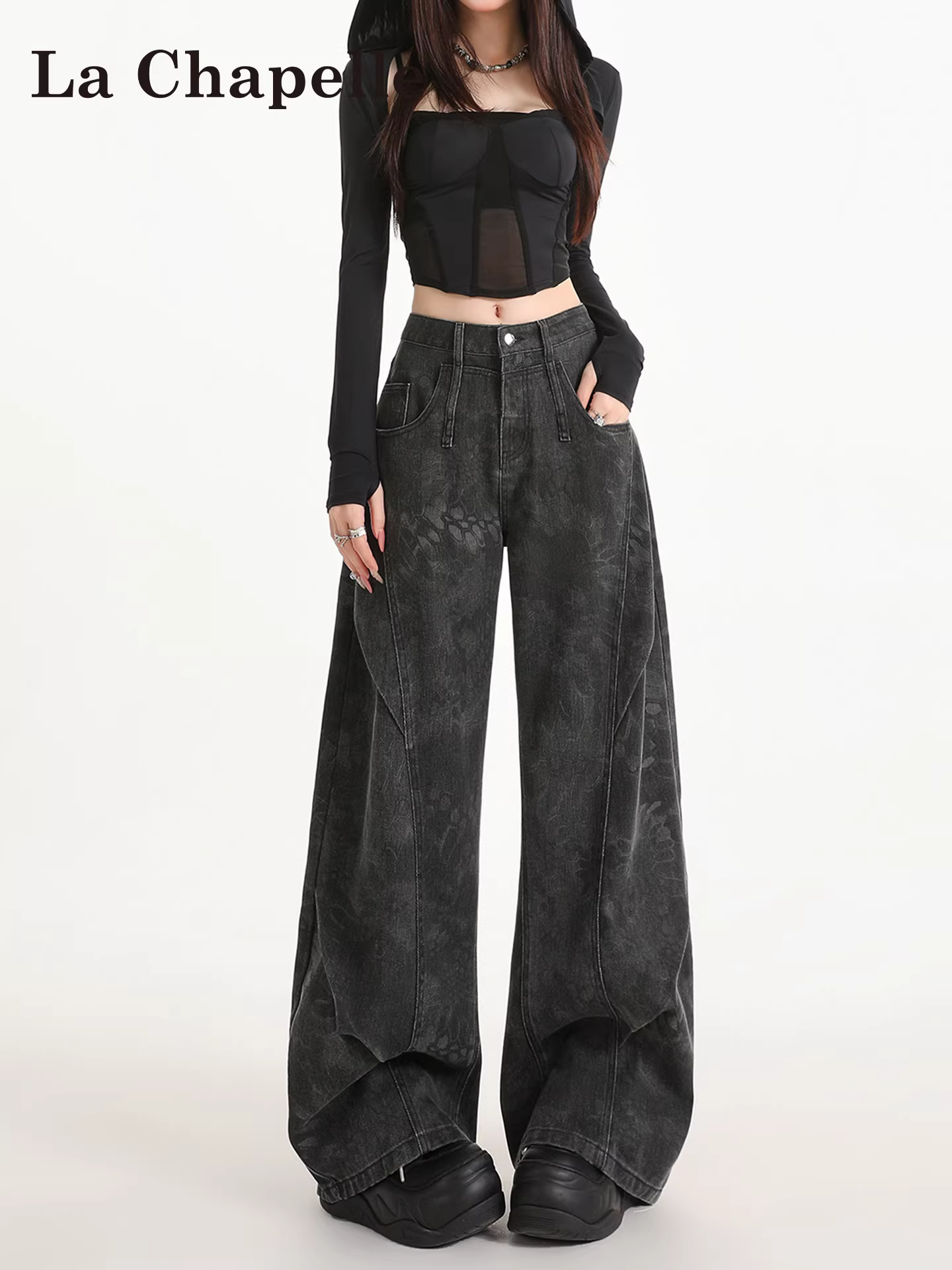 Quần jeans ống rộng dày dặn lót lông cừu La Chapelle dành cho nữ, mẫu mới thu đông 2025, quần cargo ống thẳng in họa tiết