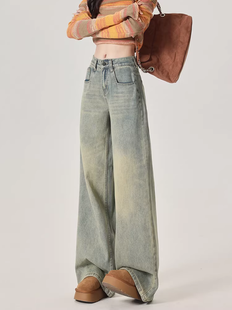 Quần jeans ống rộng La Chapelle kiểu retro dành cho nữ, mẫu mới thu đông 2025, cạp cao, dáng rộng, lót lông, dài chấm đất, kiểu thẳng