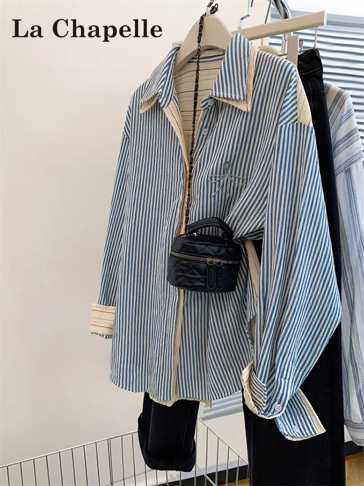 Áo sơ mi dài tay kẻ sọc La Chapelle dành cho nữ, áo cardigan giả hai mảnh cao cấp mùa xuân thu 2025