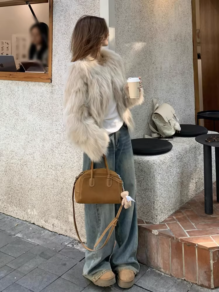 Quần jeans ống rộng dày dặn lót lông cừu La Chapelle dành cho nữ, kiểu dáng Mỹ, mùa thu đông 2025, dành cho người nhỏ nhắn.