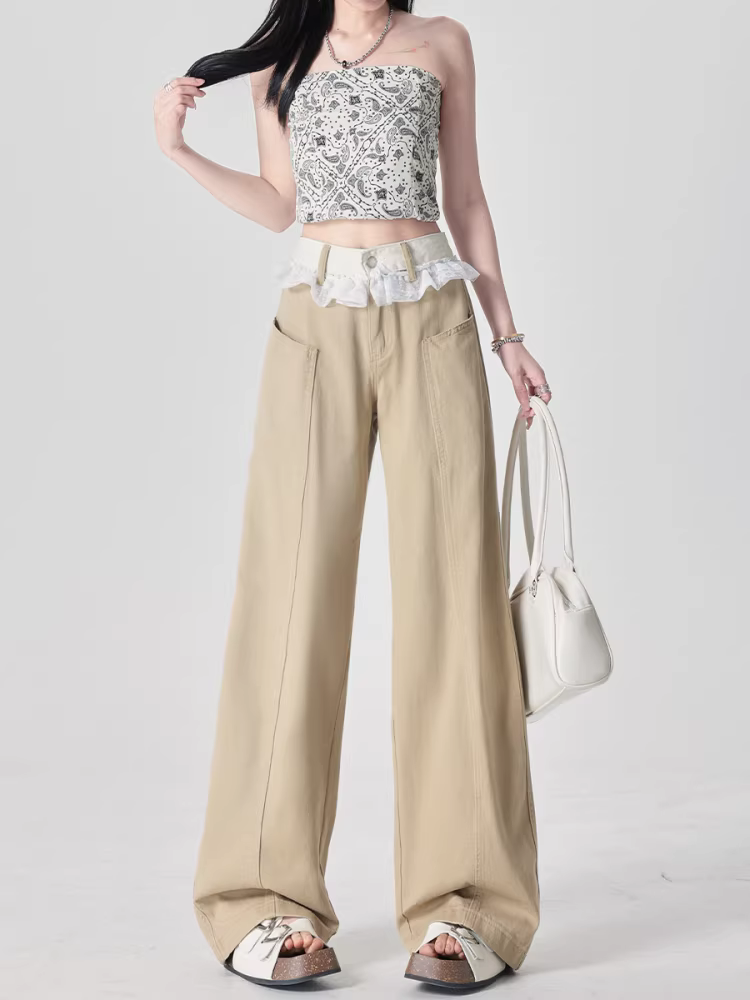 Quần jeans ống đứng màu kaki La Chapelle dành cho nữ, quần ống rộng phối ren lưng cao mới mùa thu 2025