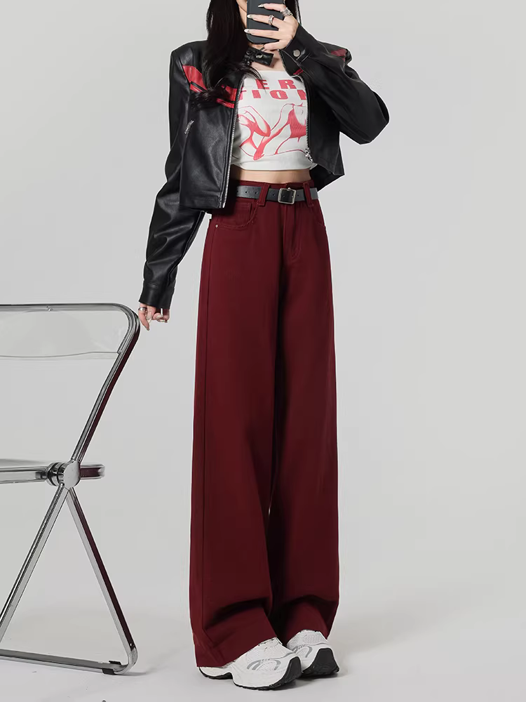 Quần jeans đỏ La Chapelle Ancora dáng rộng dành cho nữ, mẫu mới thu 2025, cạp cao, dáng rộng, dài chấm đất, thẳng.