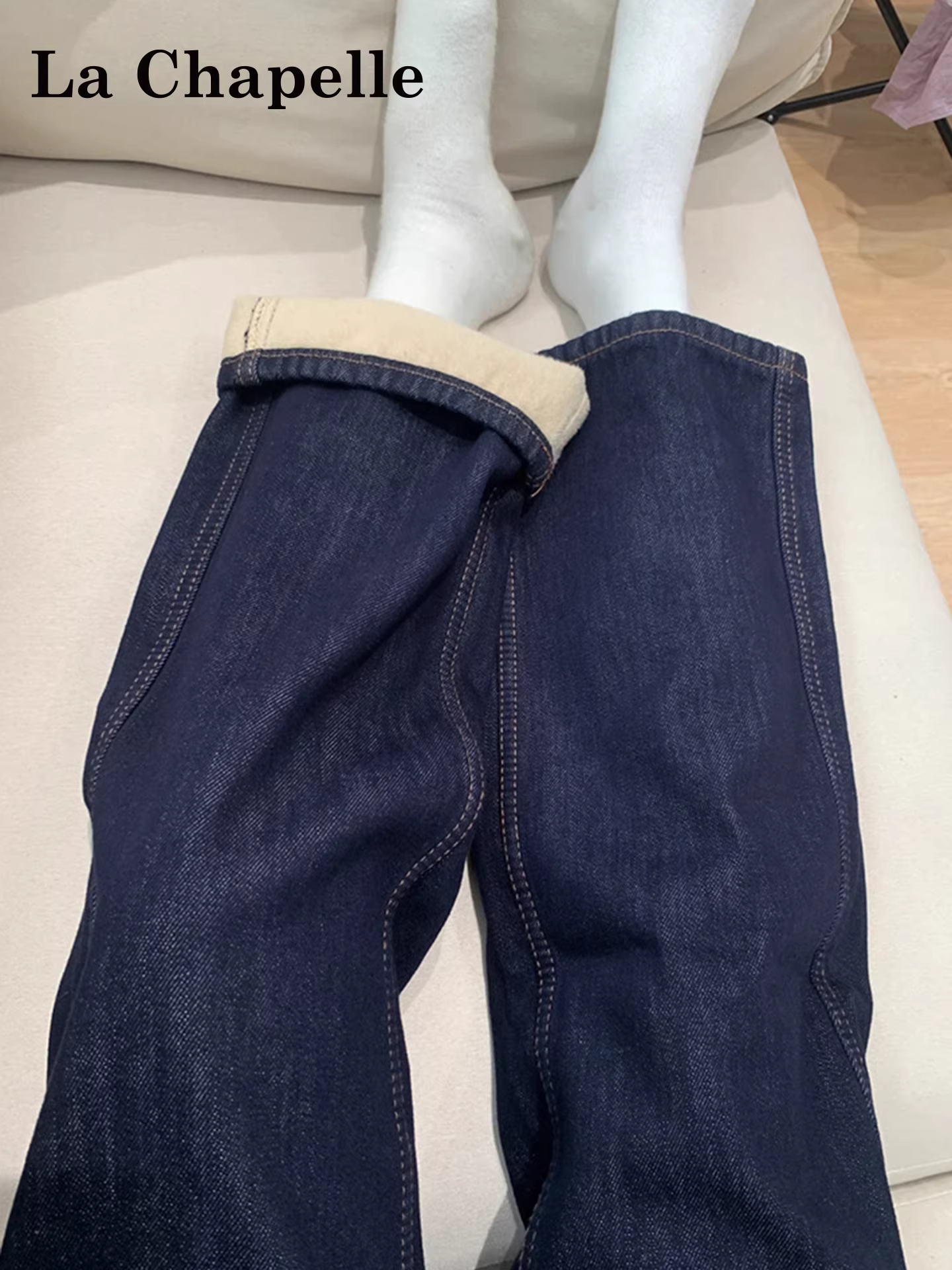 Quần jean ống rộng lót lông màu xanh đậm La Chapelle dành cho nữ, kiểu mới thu đông 2025, dáng suôn, tôn dáng, ống thẳng, dài chạm sàn
