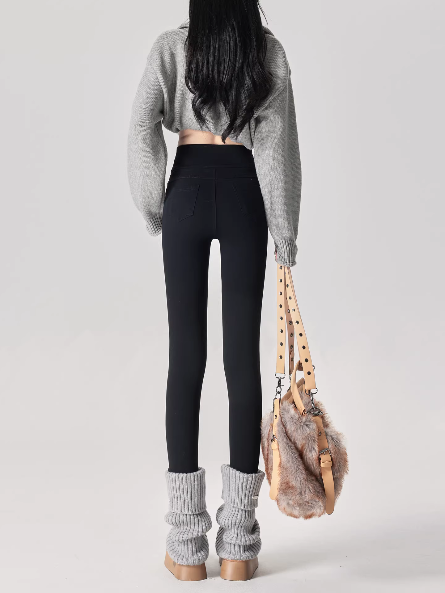 Quần legging co giãn màu đen La Chapelle dành cho nữ, quần âu dáng ôm lưng cao mới mùa thu đông 2025