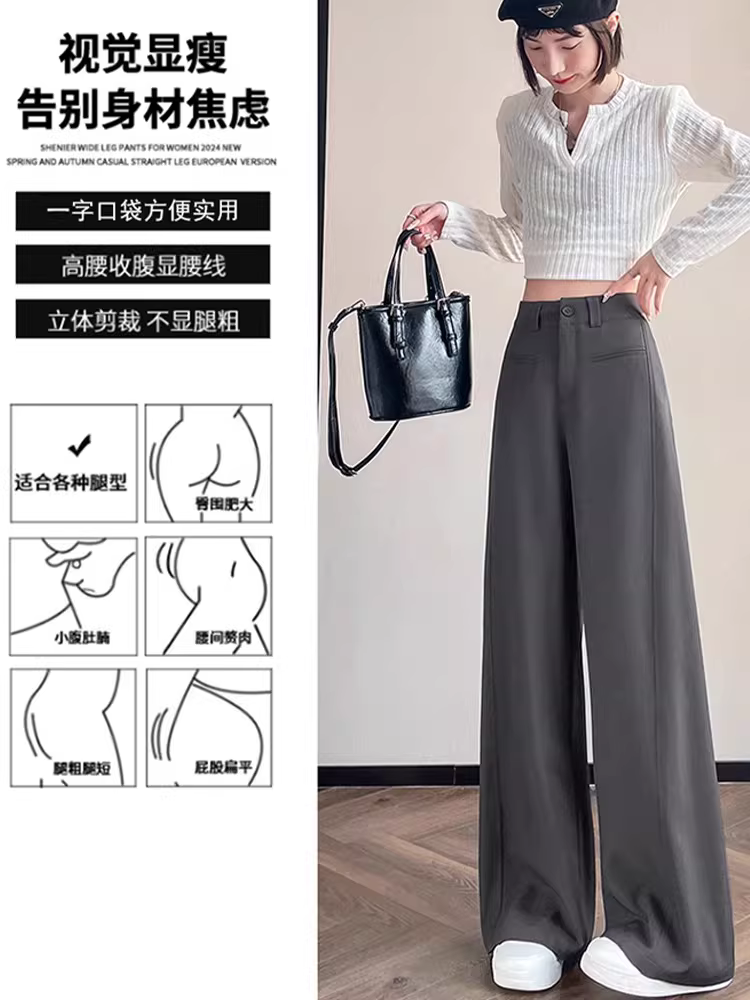 Quần âu rộng màu xám La Chapelle dành cho nữ, kiểu dáng mới thu đông 2025, cạp cao, chất liệu mềm mại, dài chấm đất, dáng thẳng