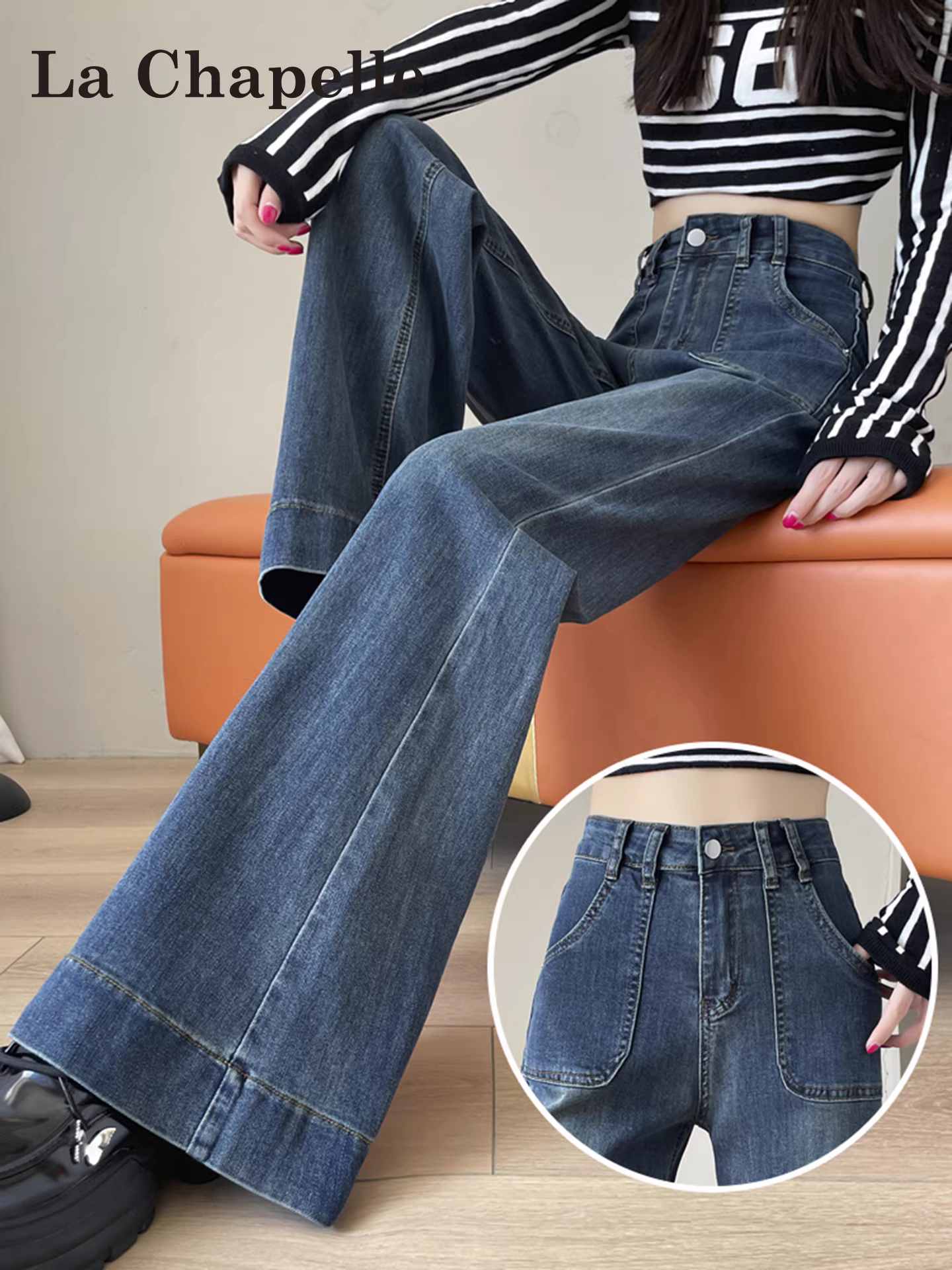 Quần jean La Chapelle lót lông cừu, không bó sát, hơi loe dành cho nữ, quần ống loe cạp cao tôn dáng mùa thu đông 2025.