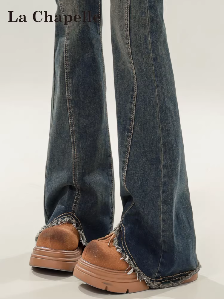 Quần jeans La Chapelle dáng loe retro nữ, thu đông 2025, cạp cao, lót lông, ôm dáng, viền xù, kiểu chuông