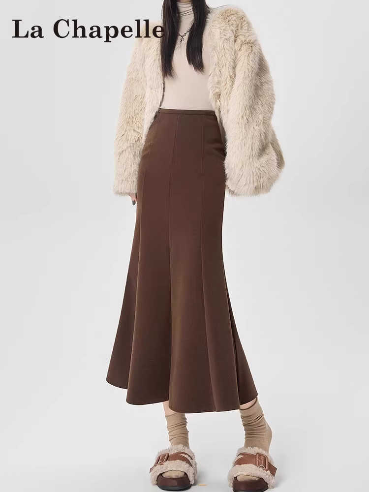 Váy bút chì len La Chapelle dành cho nữ, thu đông 2025, kiểu dáng mới, cạp cao, dáng chữ A, dài ngang đùi, đuôi cá