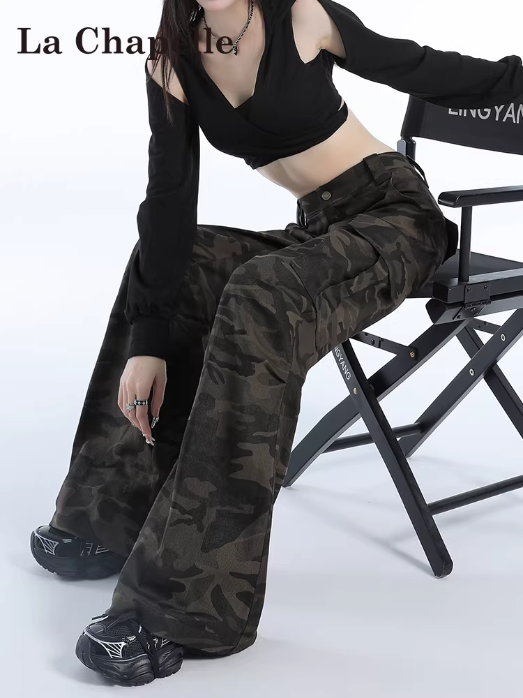 Quần cargo ống loe kiểu lính La Chapelle dành cho nữ, kiểu dáng thu đông 2025 mới, quần đi bộ đường dài kiểu Mỹ màu xanh quân đội nhỏ nhắn.