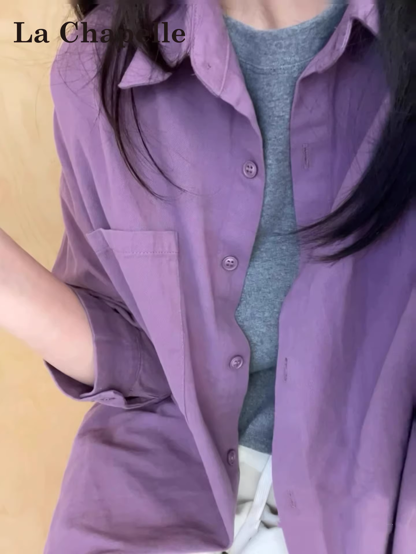 Áo sơ mi dài tay phong cách Hàn Quốc màu tím La Chapelle dành cho nữ, mẫu mới thu đông 2025, kiểu dáng rộng rãi, thoải mái, phong cách năng động.