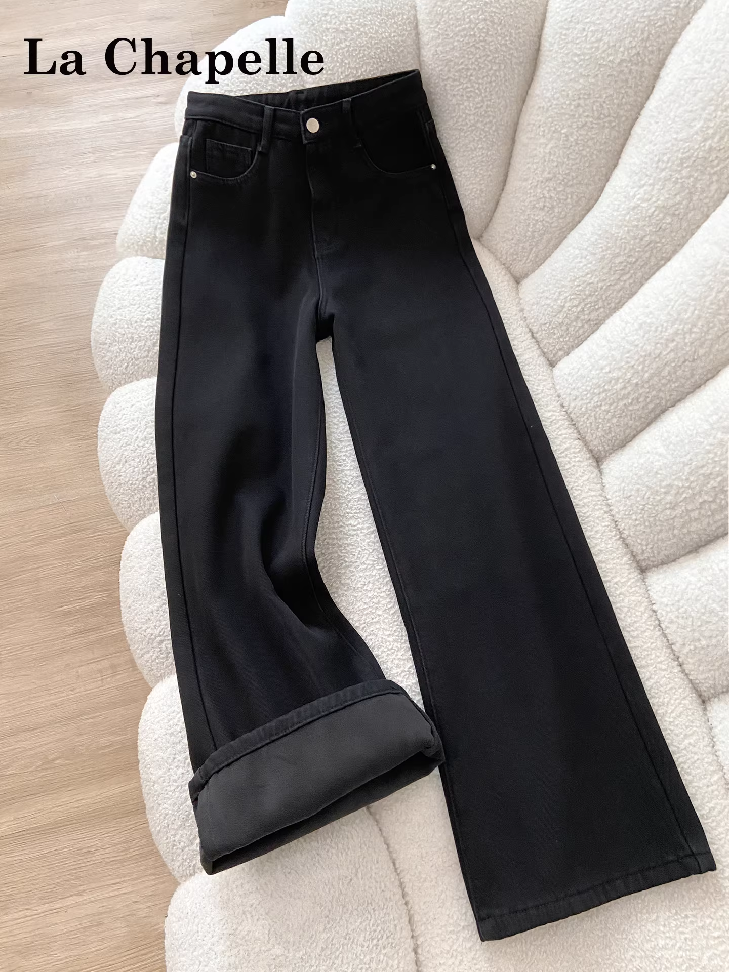 Quần jeans ống rộng dày lót lông cừu đen La Chapelle dành cho nữ, kiểu dáng mới thu đông 2025, phong cách Mỹ, dáng rộng thẳng