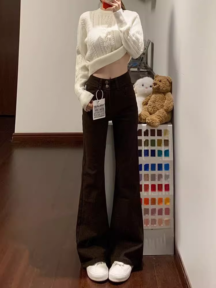 Quần jean nữ La Chapelle màu cà phê, lót lông cừu, dày dặn, dáng loe, kiểu mới thu đông 2025, cạp cao, ống loe