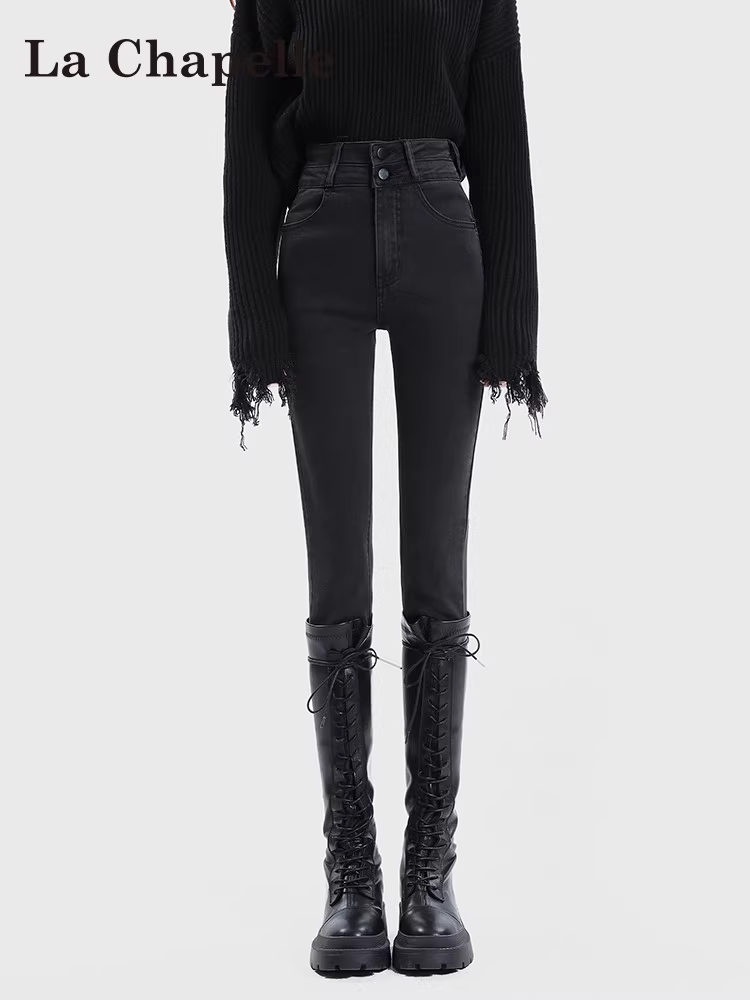 Quần jean đen La Chapelle dáng ôm cho nữ, mẫu mới thu đông 2025, cạp cao, lót lông, kiểu dáng bút chì, size nhỏ nhắn