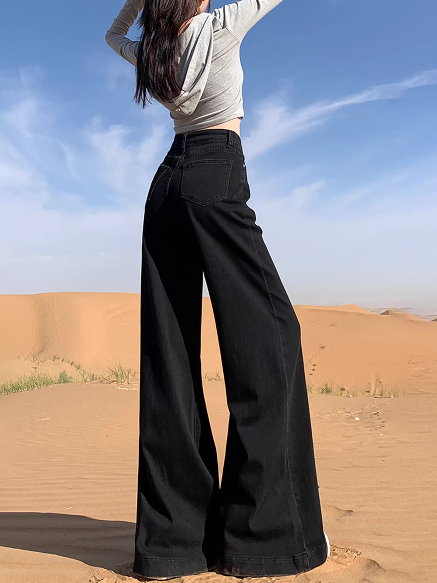 Quần jeans ống loe dày dặn lót lông cừu đen La Chapelle dành cho nữ, mẫu mới thu đông 2025, cạp cao, dáng rộng