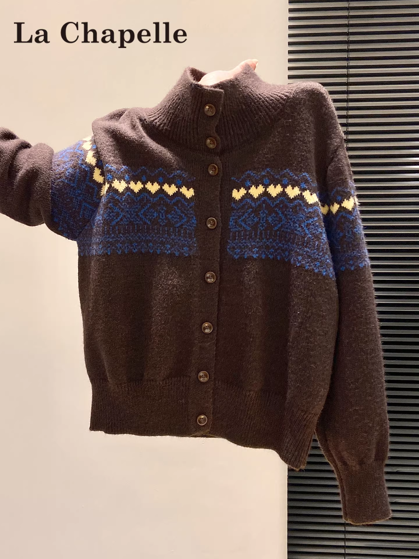 Áo len dệt kim dài tay cổ tròn màu cà phê La Chapelle dành cho nữ 2025 áo khoác cardigan dáng rộng mới mùa thu đông