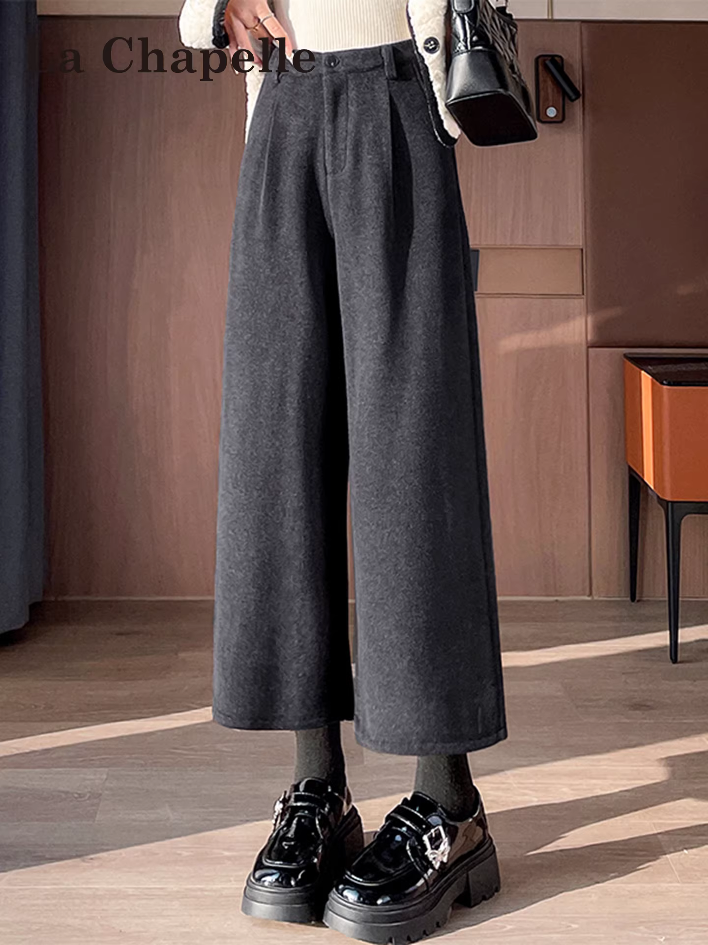 Quần jeans ống rộng lót lông màu xám La Chapelle dành cho nữ, kiểu dáng mới thu đông 2025, cạp cao, dáng suông, dài đến mắt cá chân