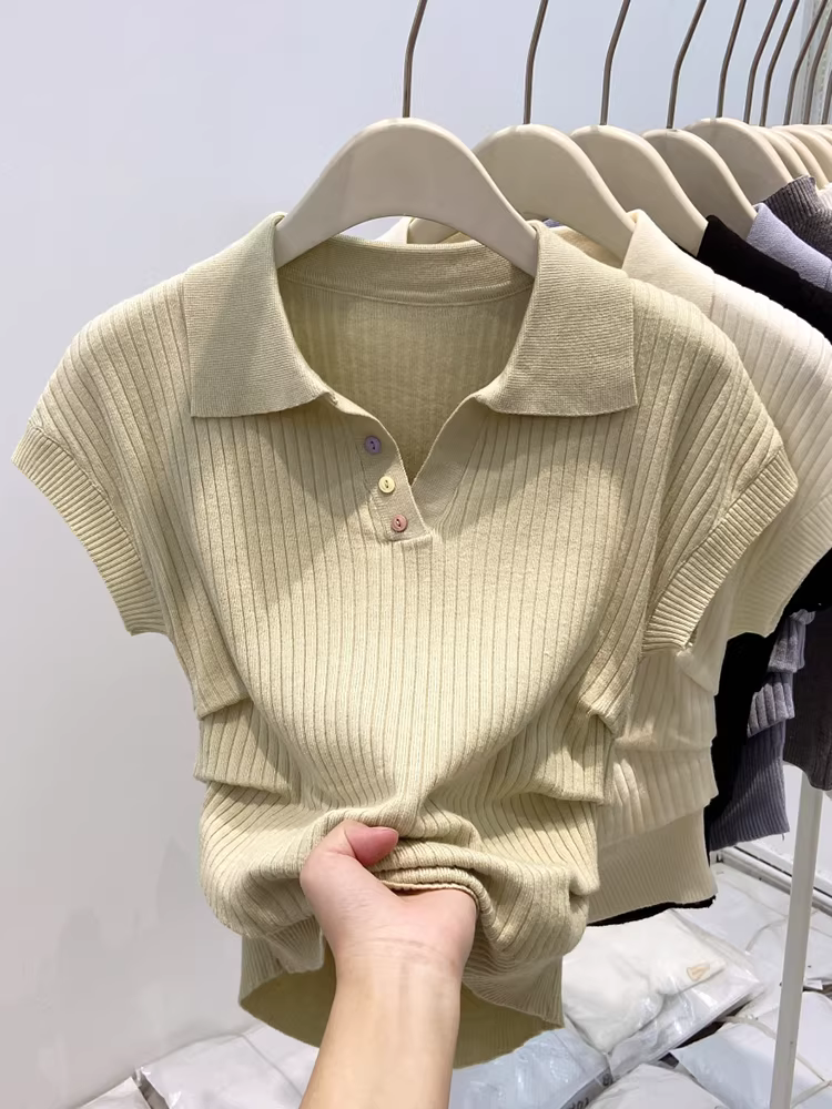 Áo thun nữ tay ngắn kiểu Pháp La Chapelle, áo sơ mi cổ trụ mùa hè mới 2025, kiểu ôm sát, mặc trong.