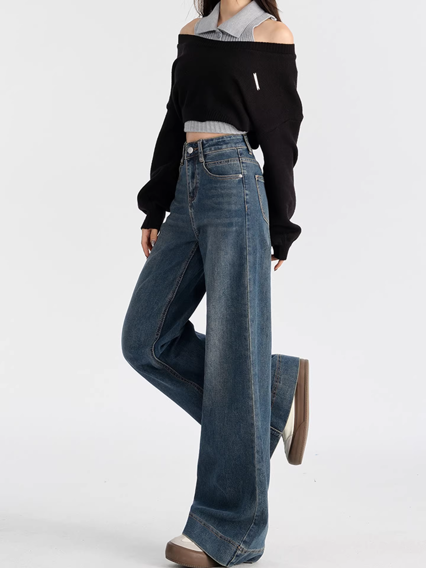 Quần jeans ống loe dày dặn lót lông cừu La Chapelle dành cho nữ, kiểu dáng mới Thu Đông 2025, phong cách Mỹ, không bó sát