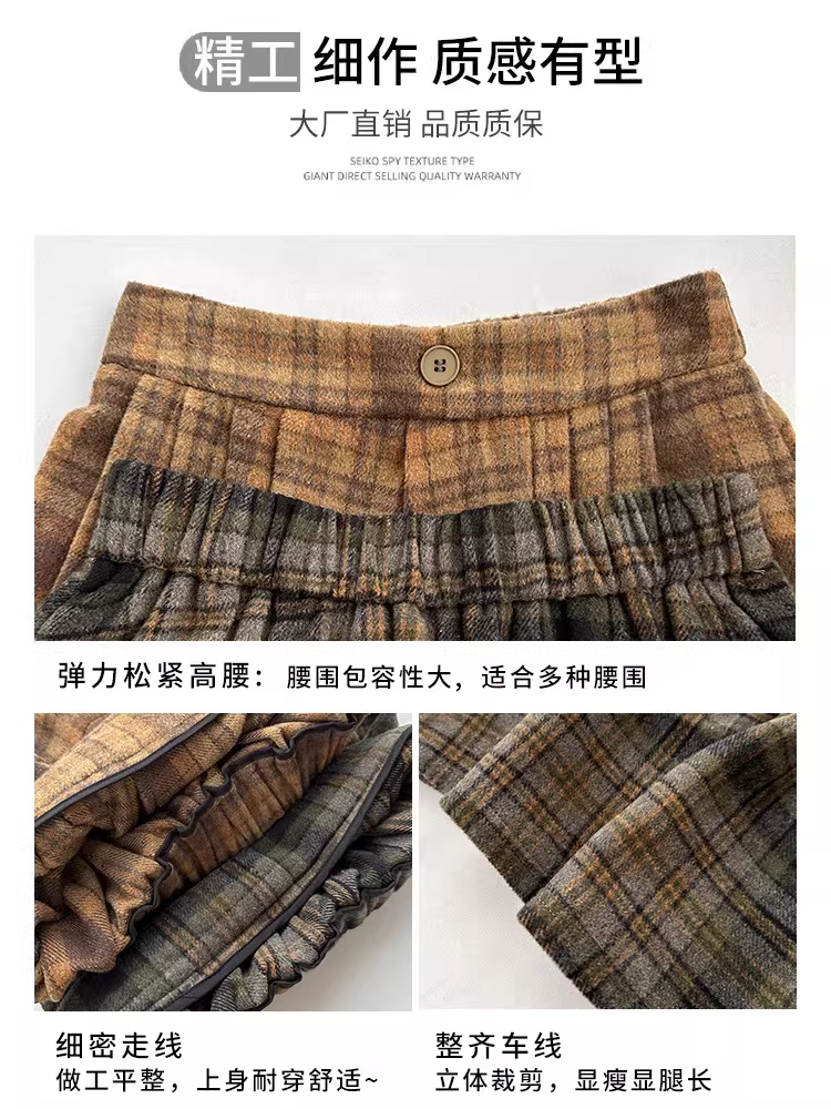 Váy len kẻ ca rô La Chapelle dành cho nữ, mùa thu đông 2025, kiểu dáng chữ A, dáng ngắn, xếp ly.