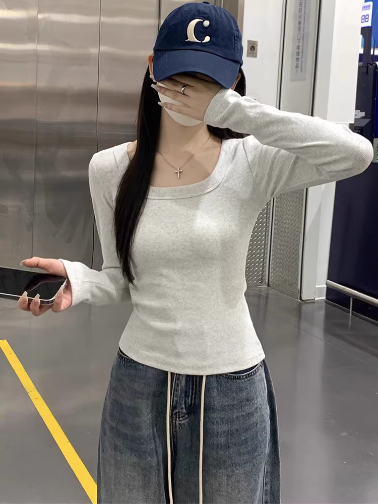 Áo sơ mi cổ vuông dài tay La Chapelle dành cho nữ, phong cách mới thu đông 2025, kiểu dáng vai thường, ôm vừa vặn, tôn dáng, áo thun mặc trong.