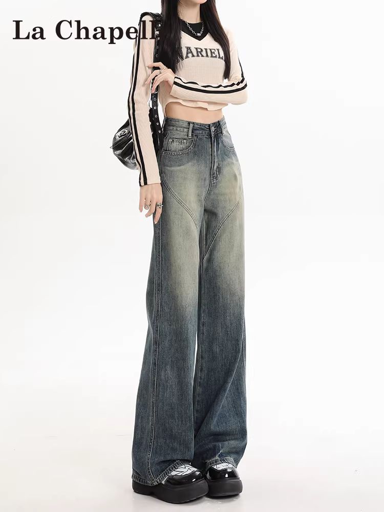 Quần jeans ống rộng La Chapelle kiểu retro dành cho nữ, phong cách mới thu đông 2025, quần ống đứng dáng suông cao eo tôn dáng, dành cho người nhỏ nhắn