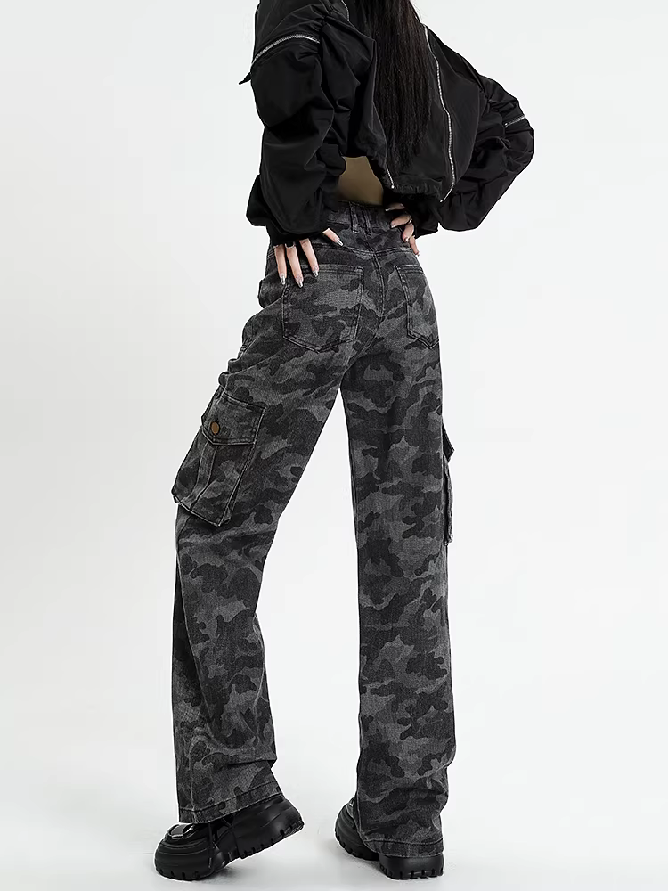 Quần cargo màu xám kiểu Mỹ La Chapelle dành cho nữ, mẫu mới thu đông 2025, cạp cao, ôm dáng, ống thẳng, phong cách cá tính