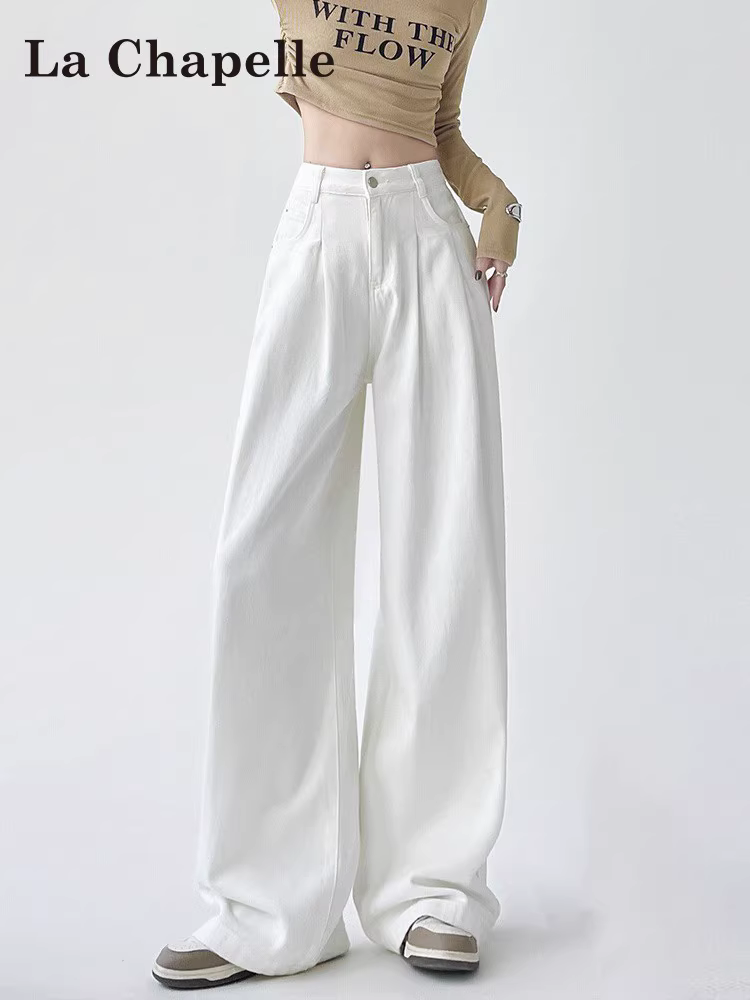 Quần jeans trắng rộng ống La Chapelle dành cho nữ, mẫu mới thu đông 2025, lót lông, cạp cao, dáng thẳng, chất liệu mềm mại