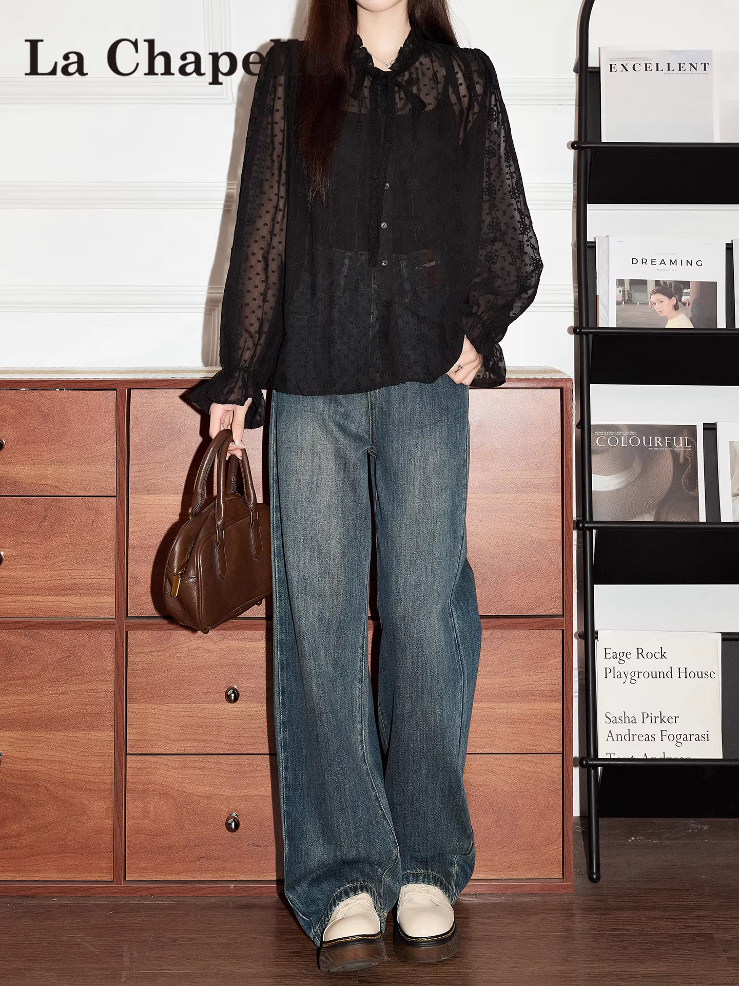 Quần jeans ống rộng La Chapelle kiểu retro dành cho nữ, kiểu mới thu đông 2025, quần suông lưng cao dáng nhỏ nhắn.