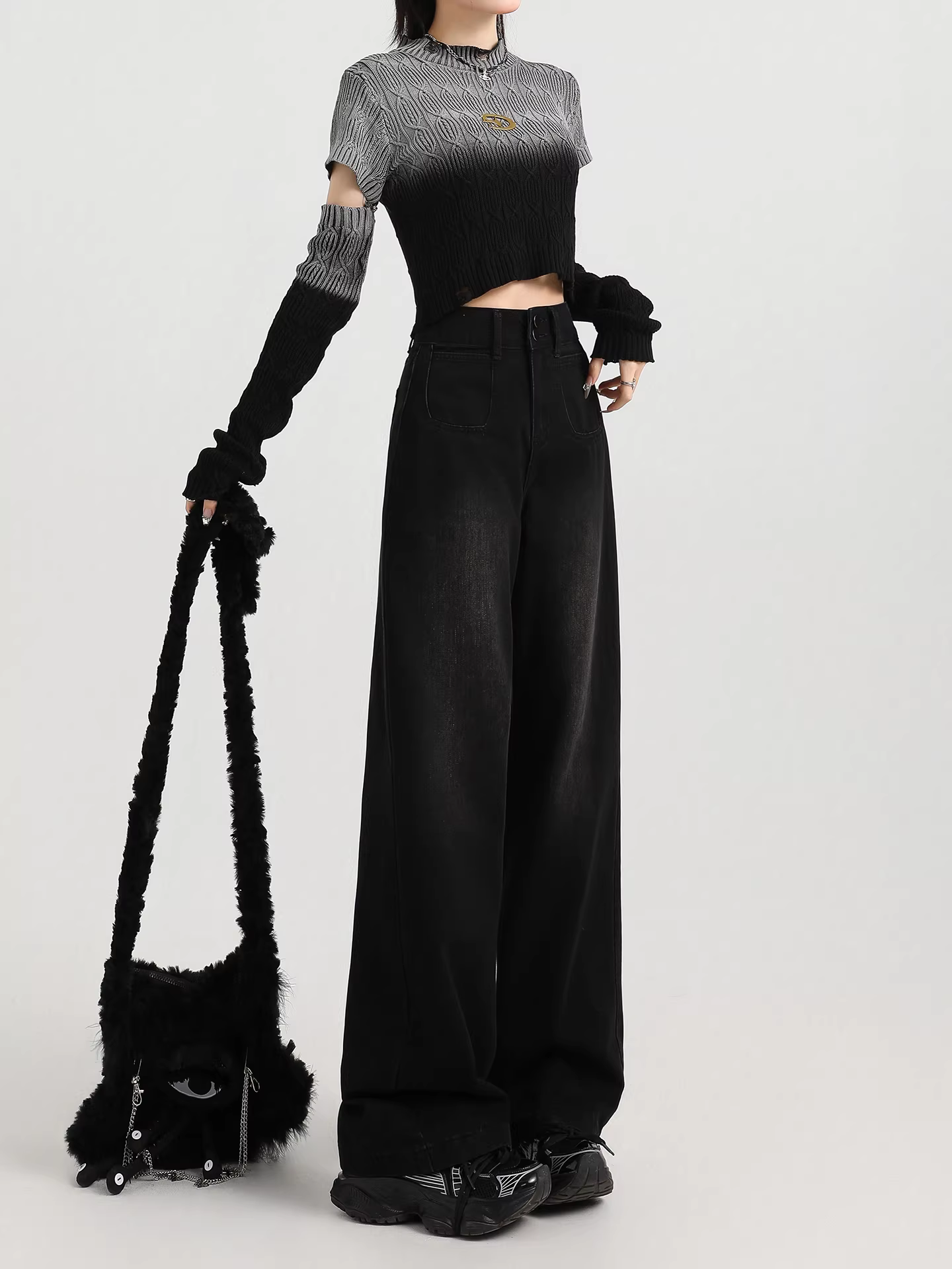 Quần jeans đen dáng rộng kiểu Mỹ La Chapelle dành cho nữ, mẫu mới thu đông 2025, cạp cao, phong cách retro, dáng thẳng rộng