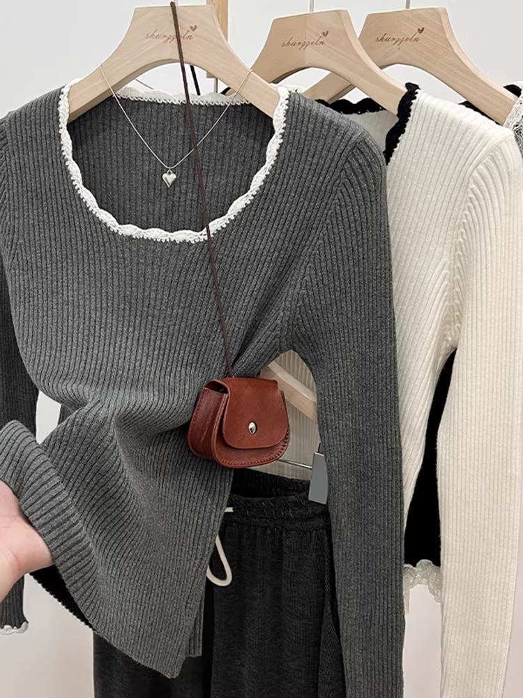 Áo len dệt kim cổ vuông màu xám La Chapelle dành cho nữ, kiểu dáng mới thu đông 2025, áo lót ôm sát.