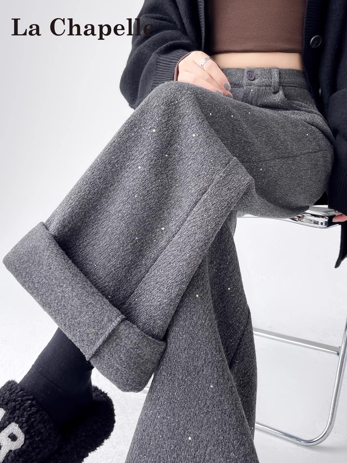 Quần ống rộng len dày lót lông màu xám La Chapelle dành cho nữ 2025 mới thu đông quần dài lưng cao dáng rộng thường ngày
