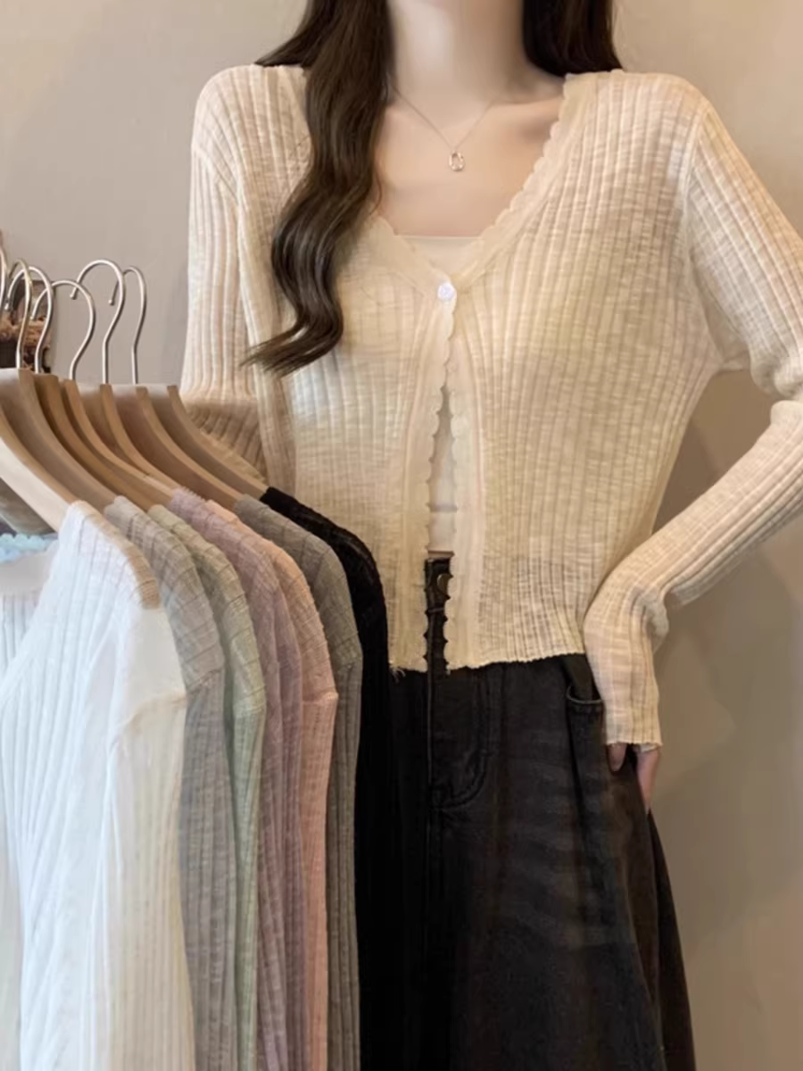 Áo cardigan len màu xám La Chapelle chống nắng cho nữ, mẫu mới hè 2025, chất liệu lụa đá mỏng, kiểu dáng rộng rãi