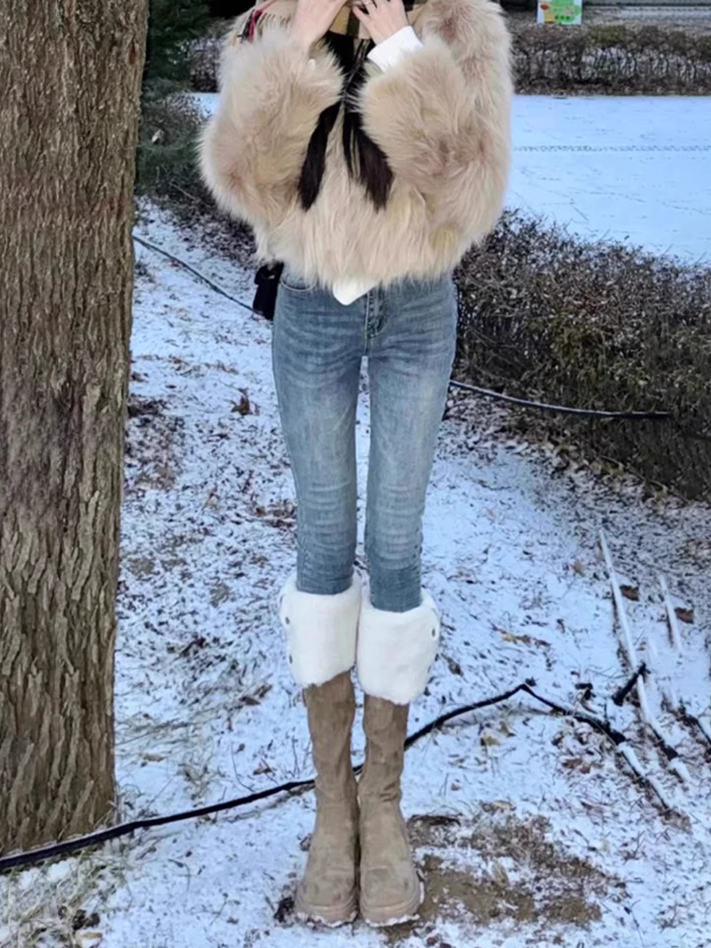 Quần jean skinny dày dặn lót lông La Chapelle dành cho nữ, mùa thu đông 2025, kiểu dáng ôm sát co giãn mới