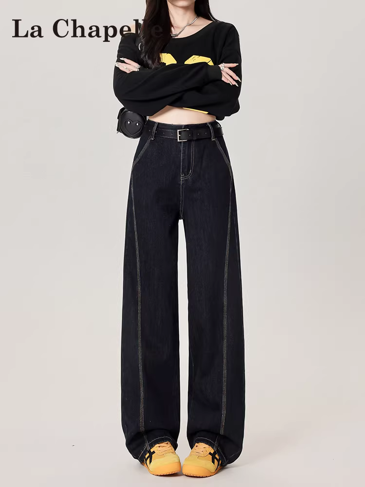 Quần jeans ống rộng lót lông La Chapelle dành cho nữ, kiểu mới thu đông 2025, quần denim thẳng màu xanh đậm