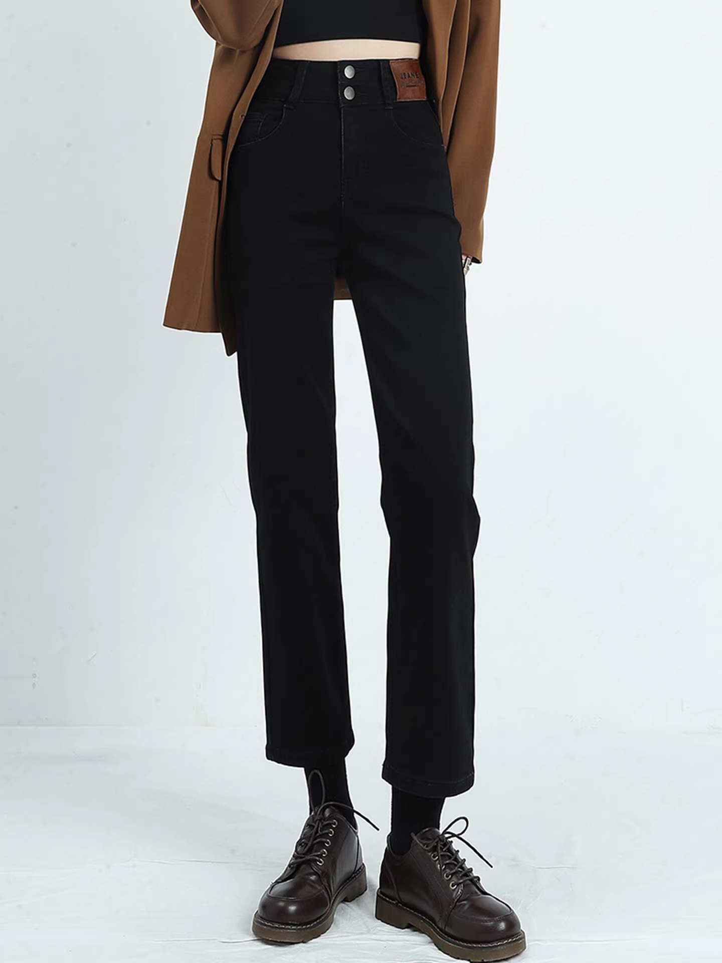 Quần jeans La Chapelle dáng lửng dành cho nữ, mẫu mới thu đông 2025, cạp cao, lót lông, ống thẳng, dành cho người nhỏ nhắn