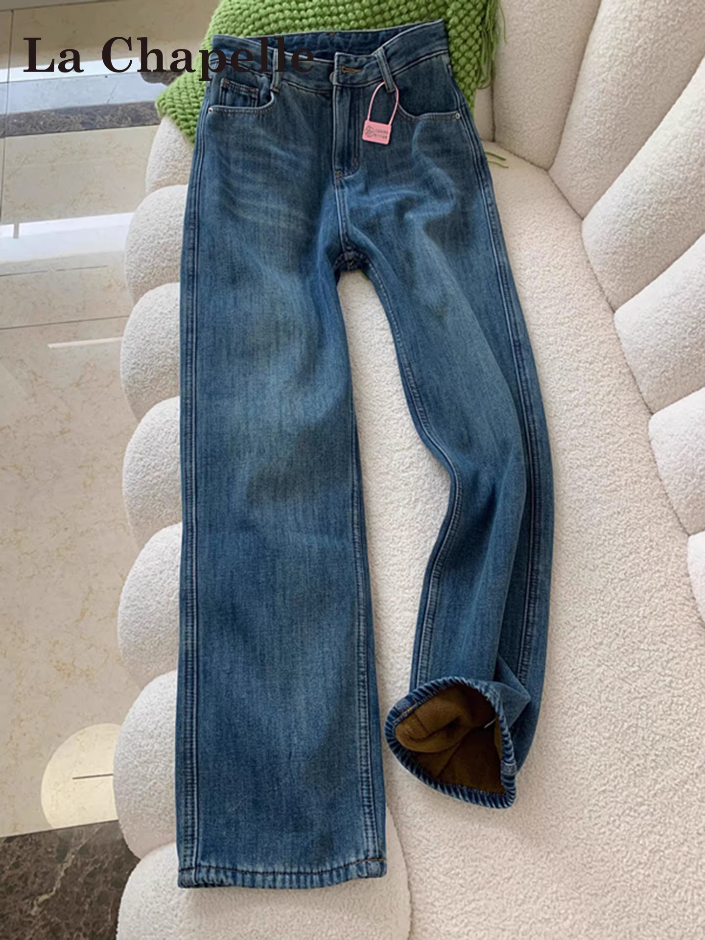 Quần jeans ống rộng dáng vintage lót lông La Chapelle dành cho nữ, mẫu mới thu đông 2025, cạp cao, tôn dáng, kiểu thẳng