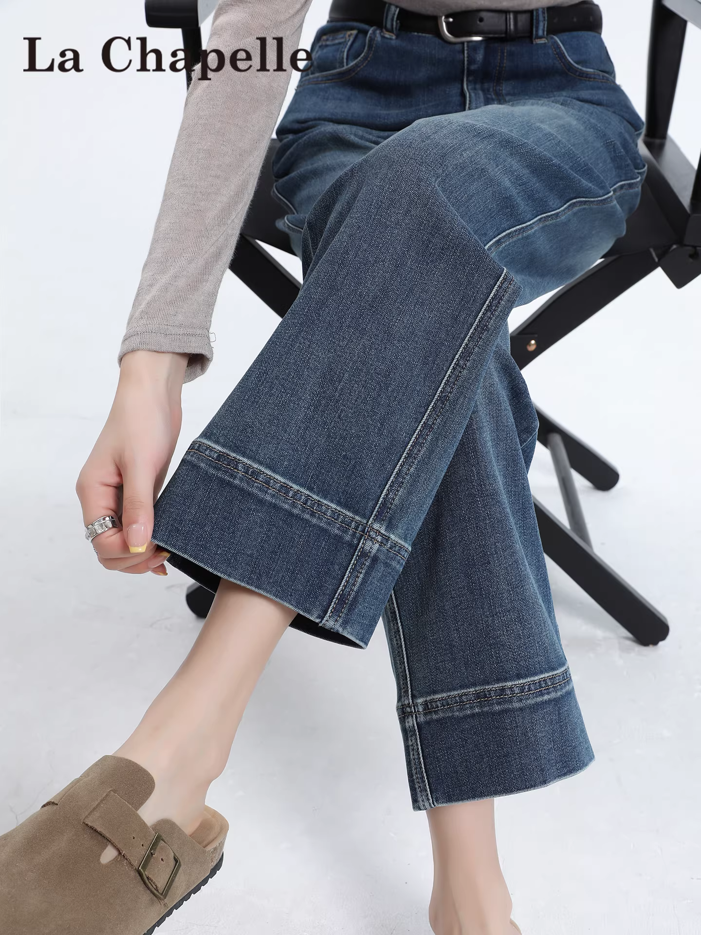 Quần jeans nữ La Chapelle kiểu dáng ôm sát, lót lông cừu, thiết kế retro, năm điểm nhấn, mùa thu đông 2025, cạp cao, tôn dáng, ống thẳng