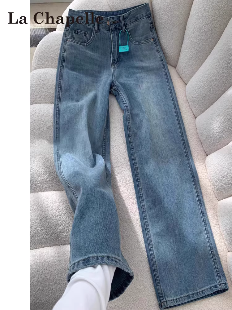 Quần jeans ống rộng lót lông La Chapelle dành cho nữ, mẫu mới thu đông 2025, cạp cao, dáng rộng, ống thẳng, dành cho người nhỏ nhắn