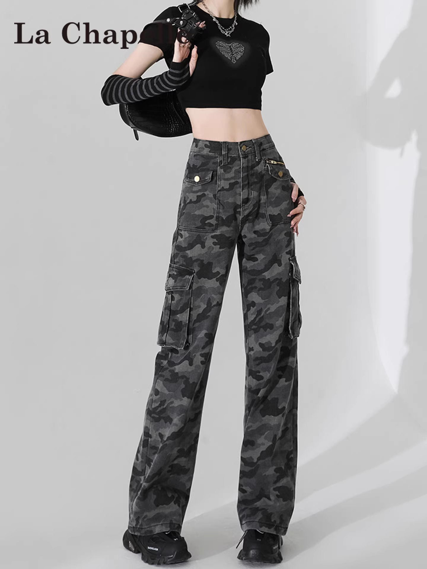 Quần jean công sở màu xám ngụy trang La Chapelle dành cho nữ, mùa thu đông 2025, kiểu dáng mới, cạp cao, ôm dáng, ống thẳng